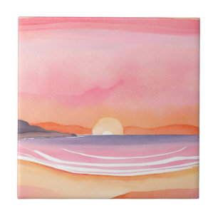 Carreau Coucher de soleil rose   Peinture de ciel de plage