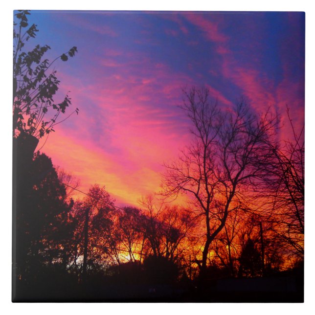 Carreau Coucher du soleil ardent par les arbres (Devant)