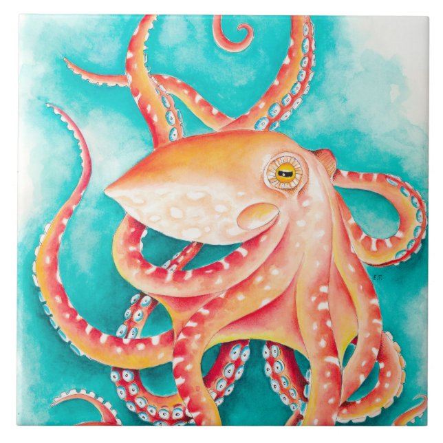 Carreau Couleur d'eau octopique des Tentacles rouges orang (Devant)