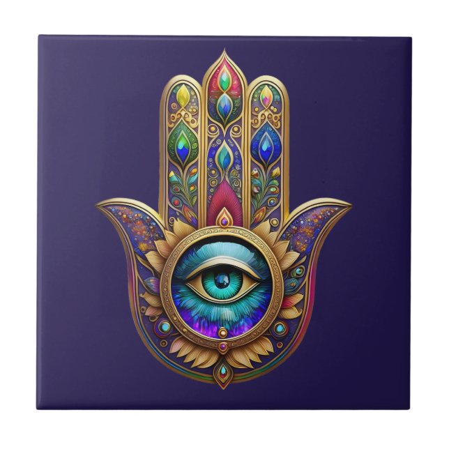 Carreau Couleurs Paon Or Hamsa Saphir Vert Troisième Œil (Devant)