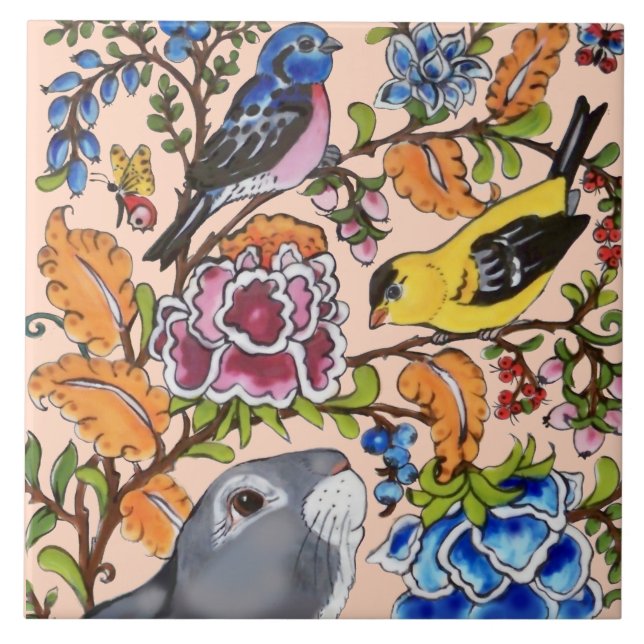 Carreau Coupe Rabbit Mural Floral Rose Bkgrd Top Demi   (Devant)