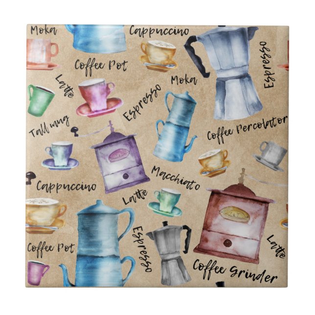 Carreau Coupes de café Aquarelle Retro Motif sans couture (Devant)