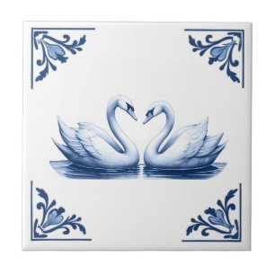 Carreau Couple de cygne Delft Blue et blanc Floral Corners