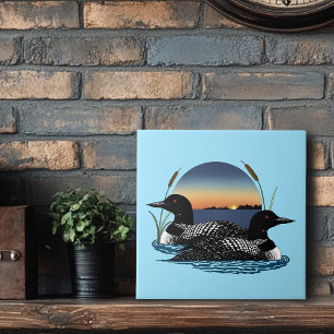 Carreau Couple de huards Coucher de soleil Bleu Lac Faune