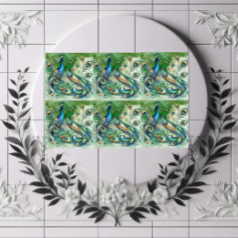 Carreau Couple de paons bleus Motif de plumes dorées verte