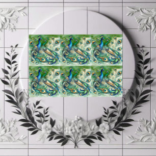 Carreau Couple de paons bleus Motif de plumes dorées verte