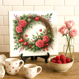 Carreau Couronne de roses roses romantiques avec cœurs rou