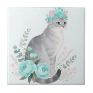 Carreau Couronne Florale Chat Gris