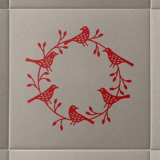 Carreau Couronne scandinave moderne d'oiseaux et de rosehi (Red Scandinavian bird wreath ceramic tile)