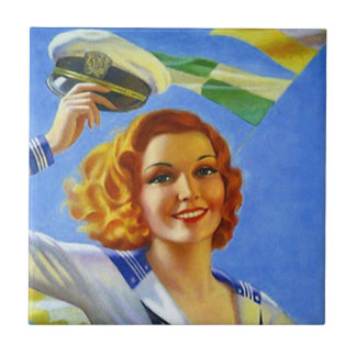 Carreau Couvrez de tuiles la rétro femme heureuse vintage