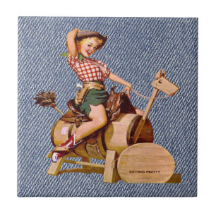 Carreau Cow-girl occidentale vintage sur le cheval en bois