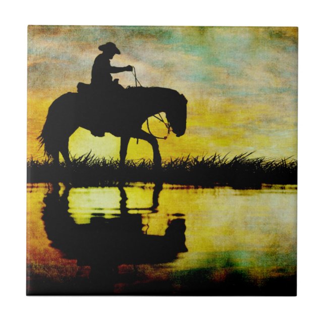 Carreau Cowboy à cheval au coucher du soleil. (Devant)