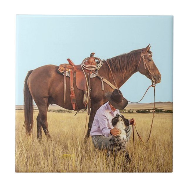 Carreau Cowboy avec le cheval et le chien (Devant)