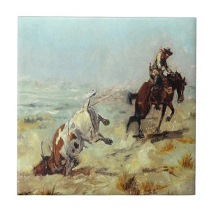 Carreau Cowboy occidental Roping un boeuf