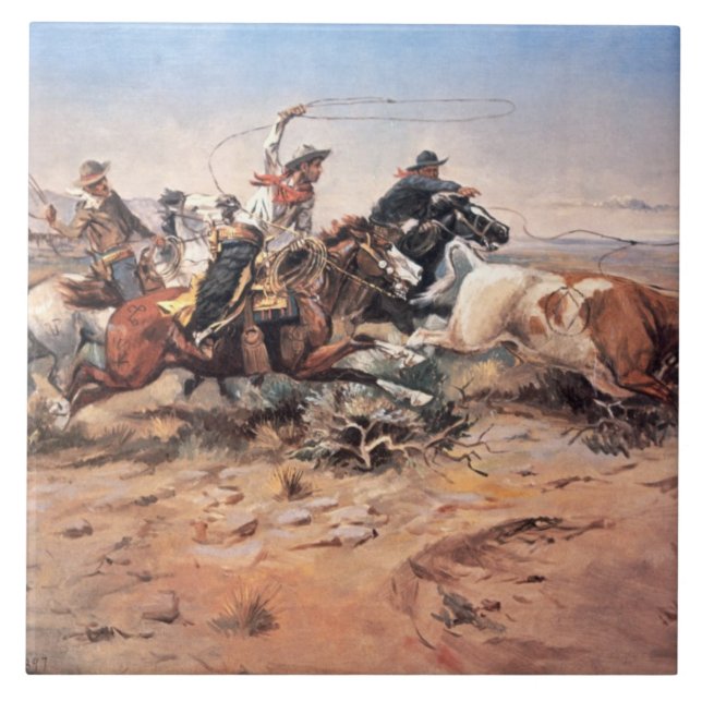 Carreau Cowboys roping un boeuf, 1897 (huile sur la toile) (Devant)
