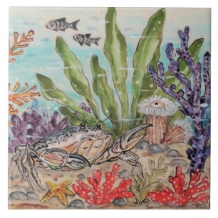 Carreau Crabe de la mer Poisson Corail Anémone Peinture mu