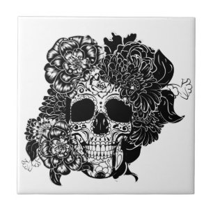 Carreau Crâne à sucre avec fleurs en noir et blanc