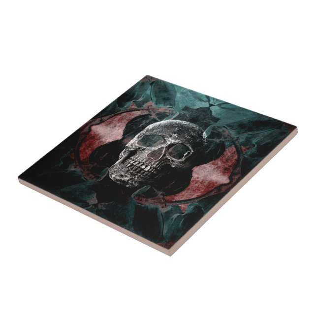Carreau Crâne Gothique Floral Turquoise Noir Rouge Grunge  (Côté)
