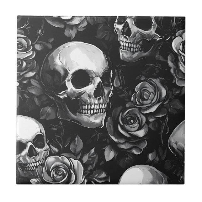 Carreau Crânes Et Rose Noir Gothique (Devant)