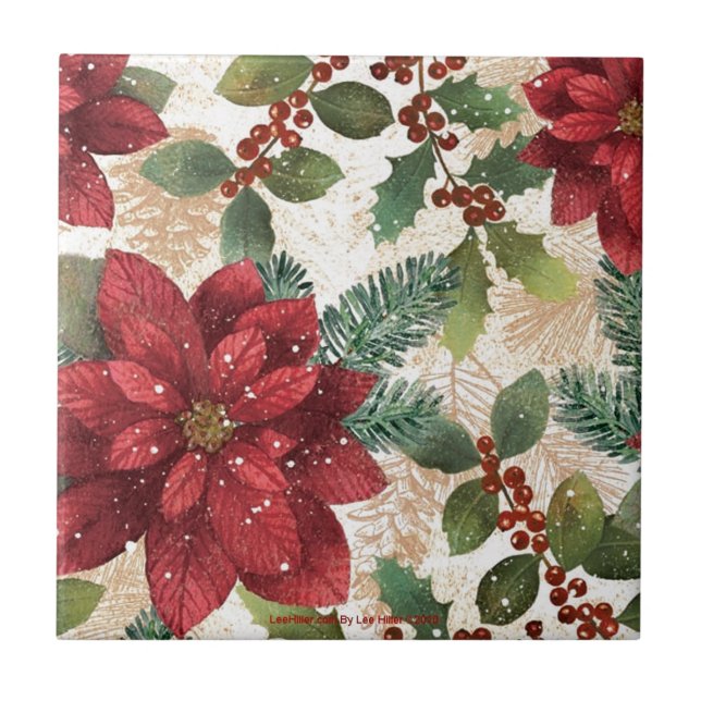 Carreau Crème verte rouge Retro les années 50 Poinsettia (Devant)