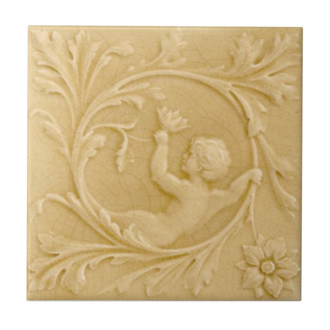Carreau Crème victorienne Repro Minton Faux Relief Putti (Devant)