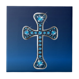 Carreau Croix chrétienne avec pierres "Aquamarine"