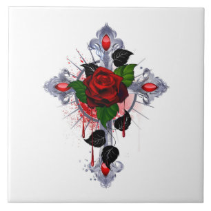 Carreau Croix d'argent avec une rose rouge