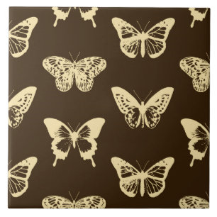 Carreau Croquis de papillon, beige sur marron chocolat
