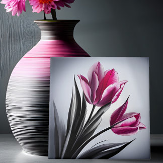 Carreau Croquis en encre de tulipe rose