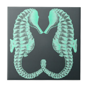 Carreau Cru bleu embrassant des hippocampes