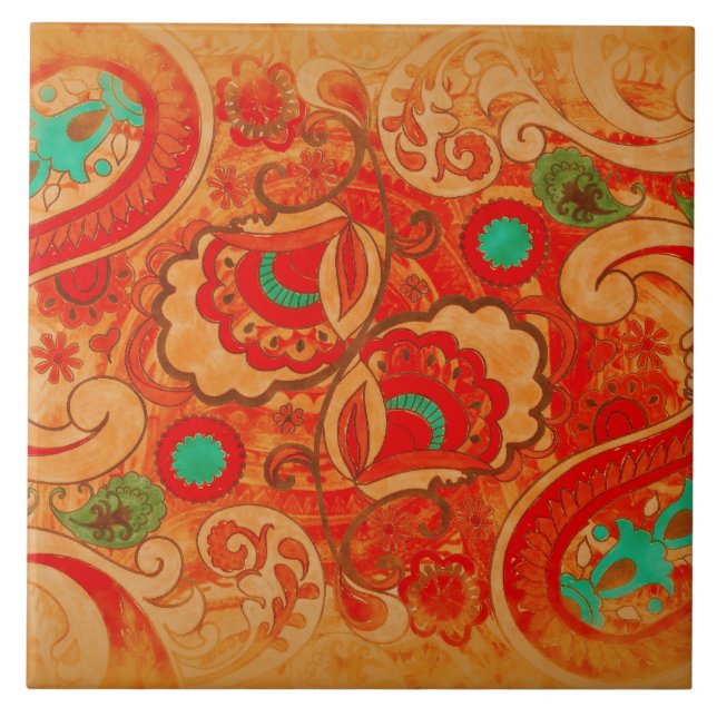 Carreau Cru brûlé génial Paisley de turquoise de rouge (Devant)
