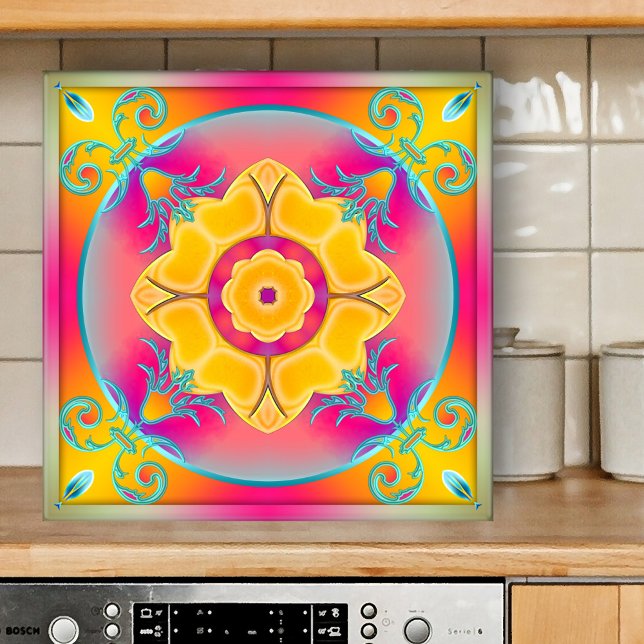Carreau Cuisine ou carrelage de salle de bain couleur sole (Exotic design kitchen or bathroom tile featuring a colorful abstract geometric floral pattern)