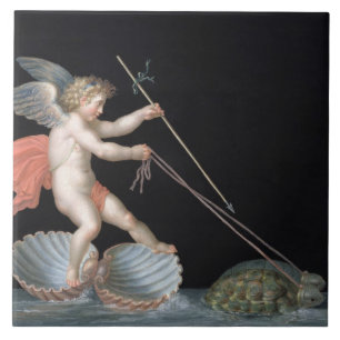 Carreau Cupidon mené par les tortues (huile sur le