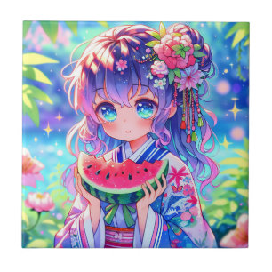 Carreau Cute Anime Girl Manger Watermelon sur une journée