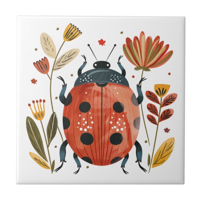 Carreau Cute Boho Red Ladybug Scandinavian Folk Art (Devant)