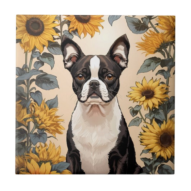 Carreau Cute Boston Terrier Yellow Sunflowers (Devant)