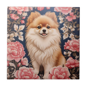 Carreau Cute Chien Poméranien Rose Floral