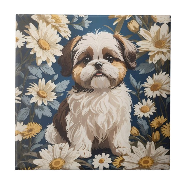 Carreau Cute Chih Tzu Chien Blanc Fleurs De Faisée (Devant)