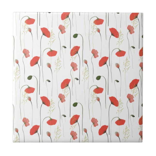 Carreau Cute Floral Red Poppy Pattern Ceramic Tile (Devant)