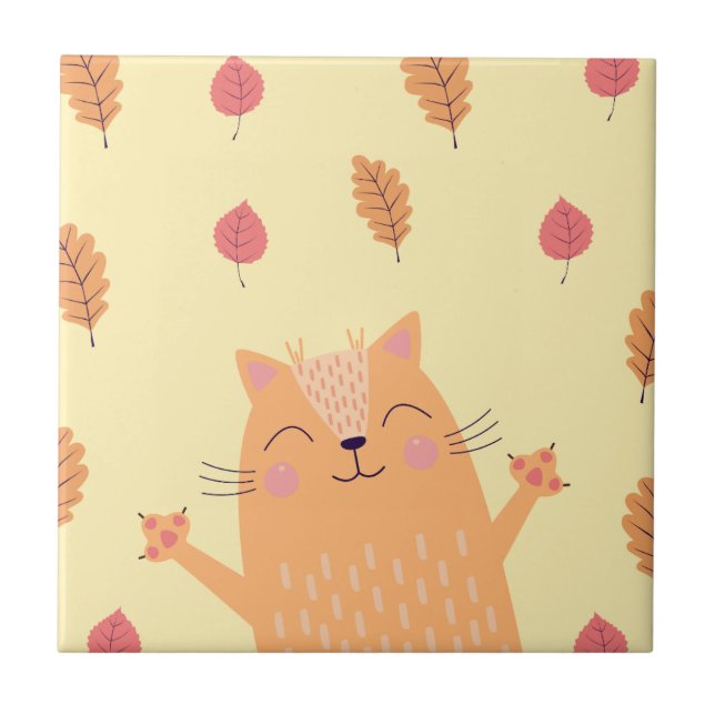 Carreau Cute Ginger Orange Chat Jouer dans les feuilles d' (Devant)