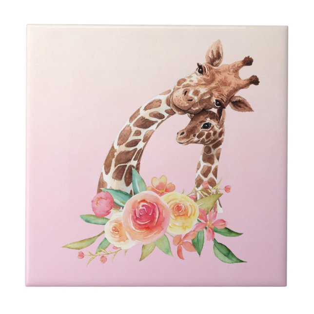 Carreau Cute Giraffe Aquarelle Maman & Bébé (Devant)