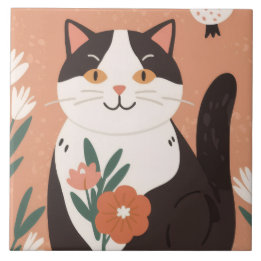Carreau Cute Happy Cat with Spring Flowers 