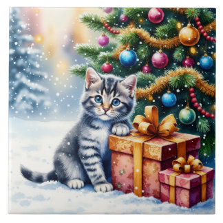 Carreau Cute Kitten Under Christmas Tree