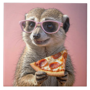 Carreau Cute Meerkat avec lunettes et pizza