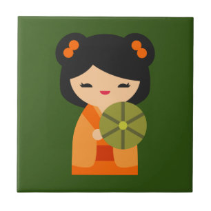 Carreau Cute orange Kokeshi poupées japonaises