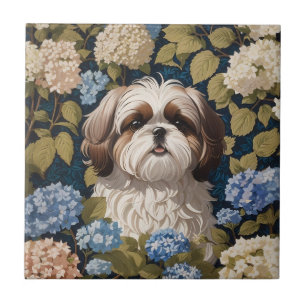 Carreau Cute Shih Tzu Chiot Blue hydrangea fleurs