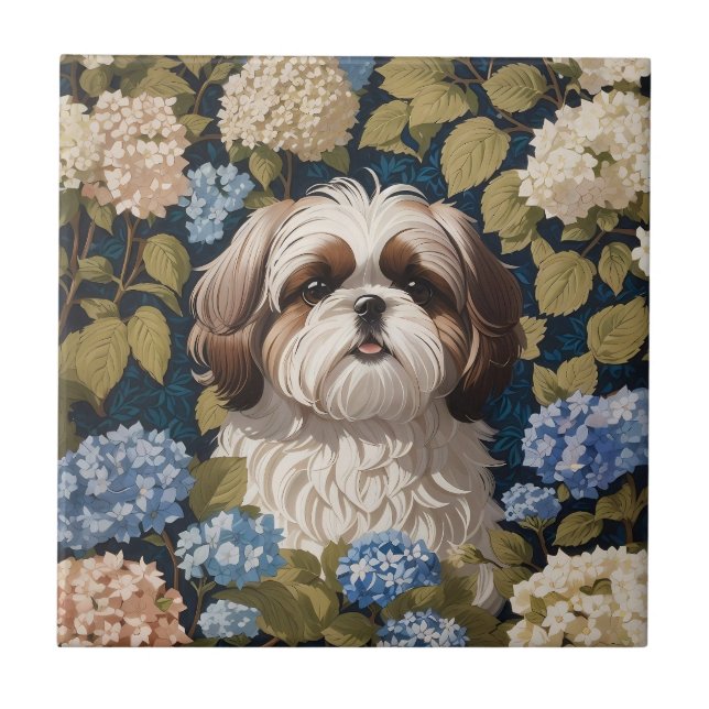 Carreau Cute Shih Tzu Chiot Blue hydrangea fleurs (Devant)