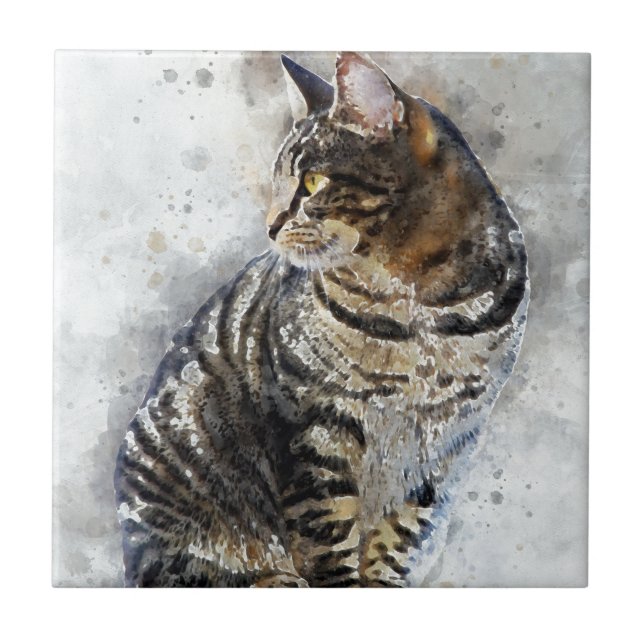 Carreau Cute Tabby Chat Aquarelle Art (Devant)