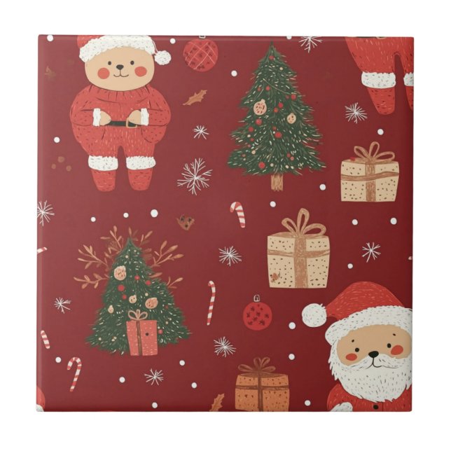 Carreau Cute Teddy Bear & Santa on Red (2) (Devant)