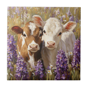 Carreau Cute Vaches Laitières Calves Lupines Fleurs